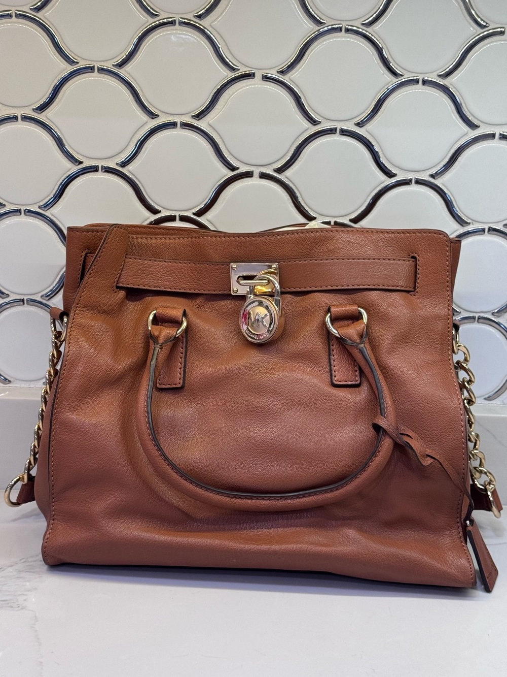 Michael Kors Cognac Leather Satchel with Metal Hardware